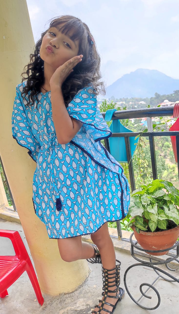 Fish Print hand Block Printed Organic Cotton Block Printed Kaftan for Kids 2