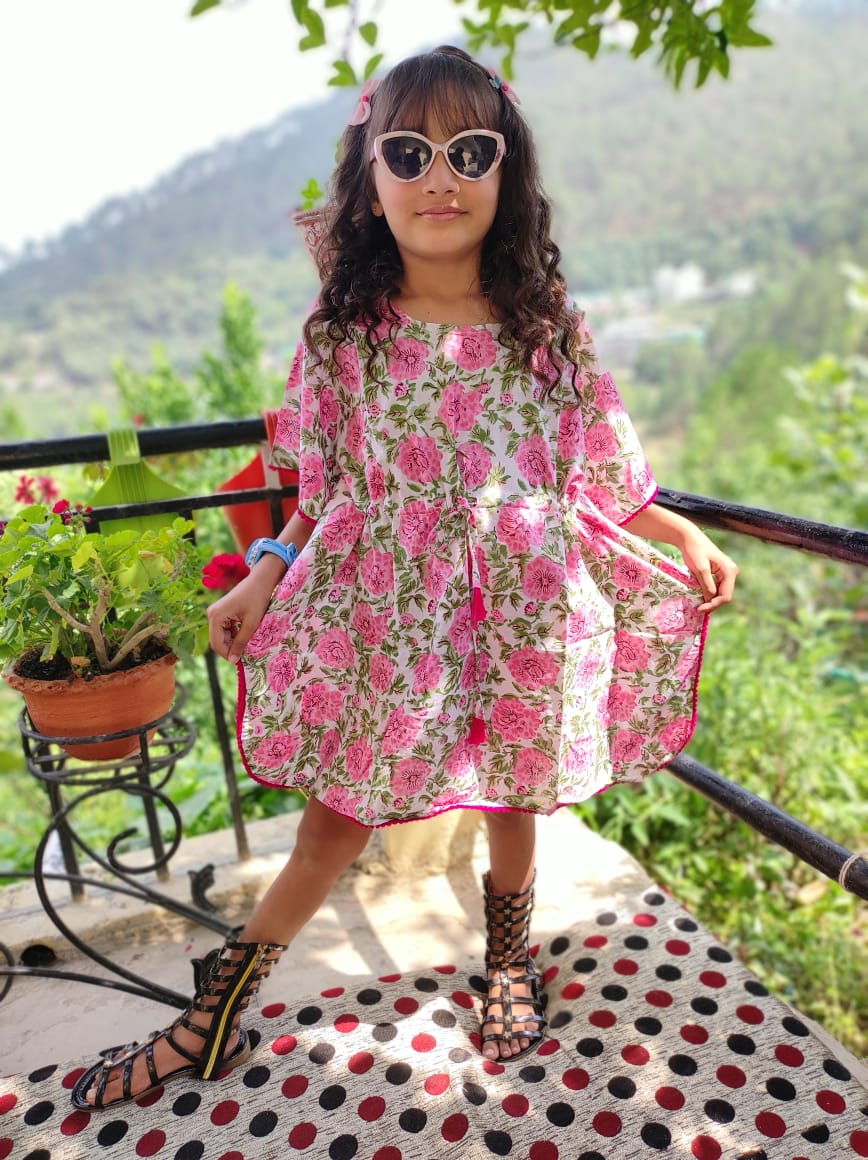 Beautiful Flower hand Block Printed Organic Cotton Block Printed Kaftan for Kids