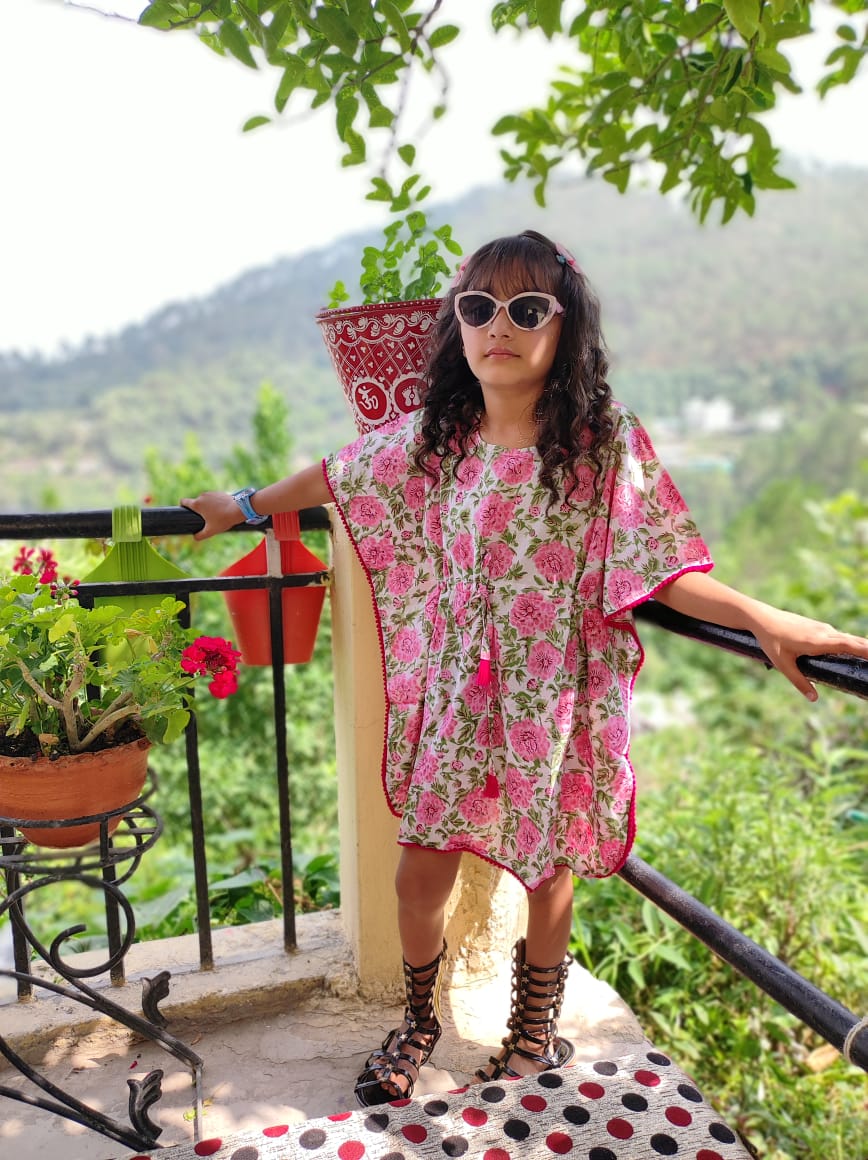 Beautiful Flower hand Block Printed Organic Cotton Block Printed Kaftan for Kids