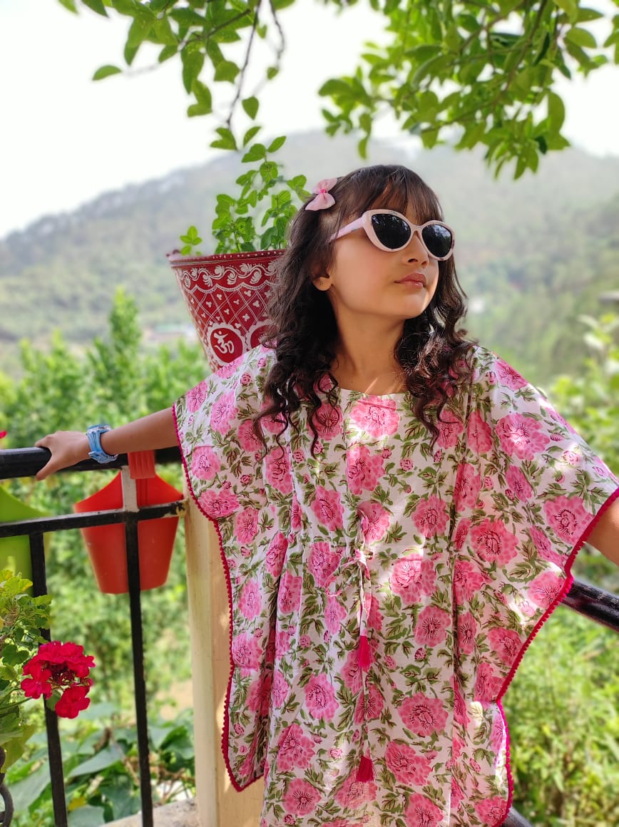Beautiful Flower hand Block Printed Organic Cotton Block Printed Kaftan for Kids