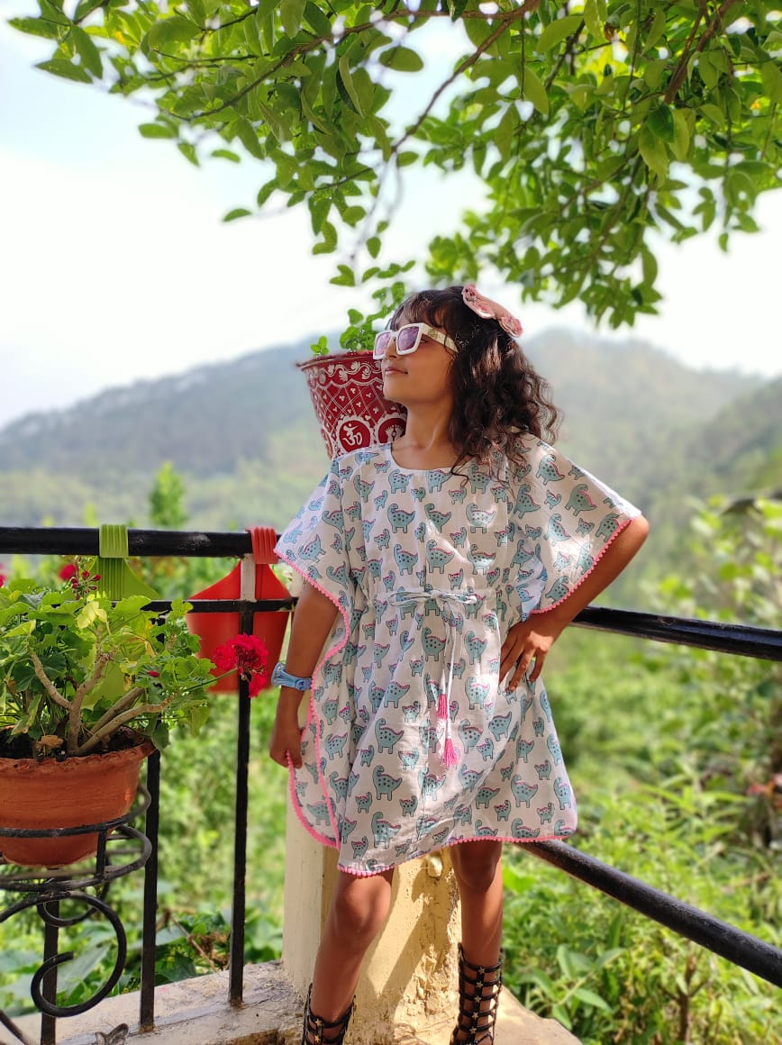 Dino hand Block Printed Organic Cotton Block Printed Kaftan for Kids