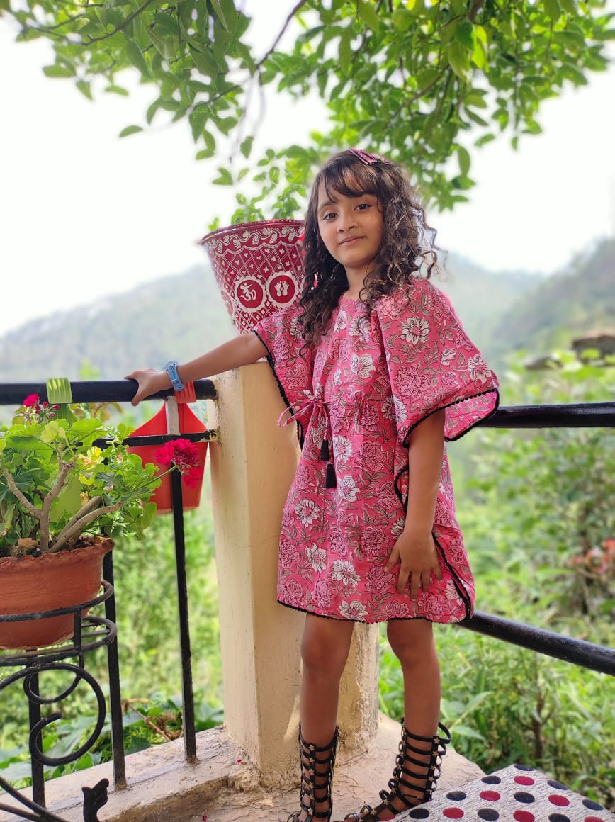 Pink Flower Printed Organic Cotton Block Printed Kaftan for Kids