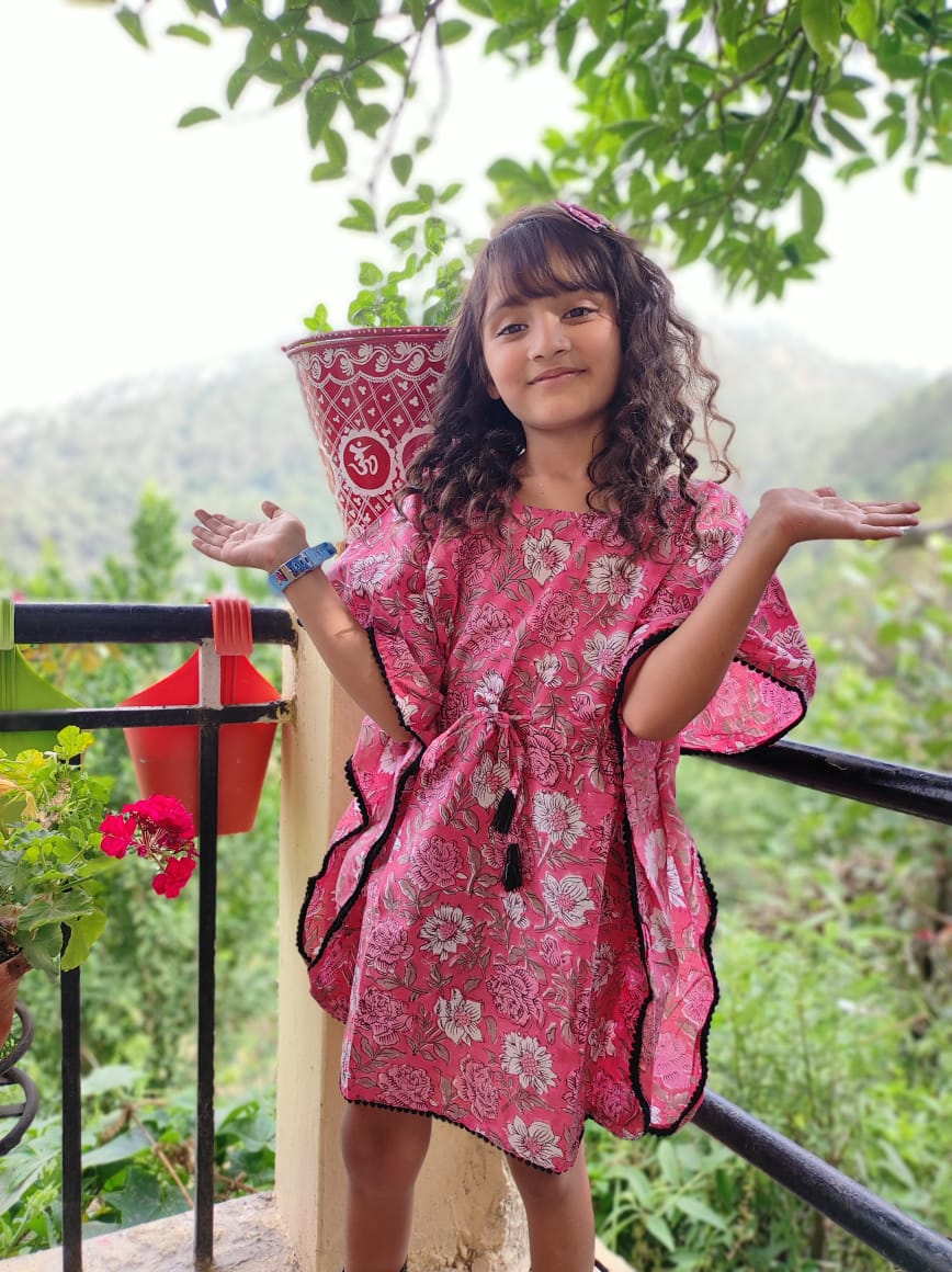 Pink Flower Printed Organic Cotton Block Printed Kaftan for Kids
