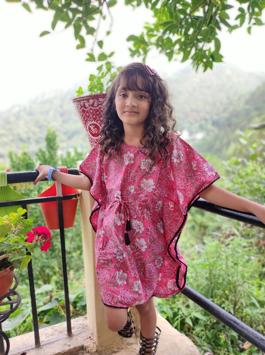 Pink Flower Printed Organic Cotton Block Printed Kaftan for Kids