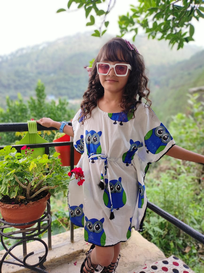 Owl Printed Organic Cotton Block Printed Kaftan for Kids