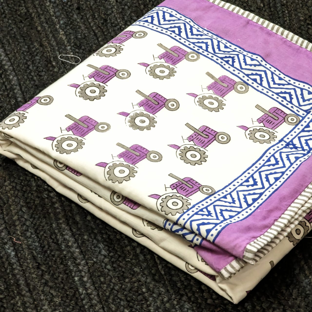 Trendy Tractor hand block printed Organic Cotton Dohar both side printed