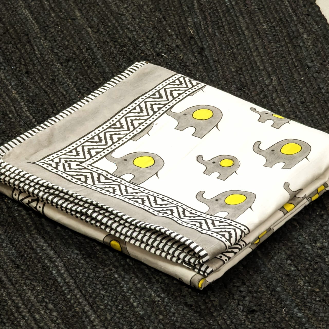 Gray and Yellow Appu hand block printed Organic Cotton Dohar for New Born Babys and kids