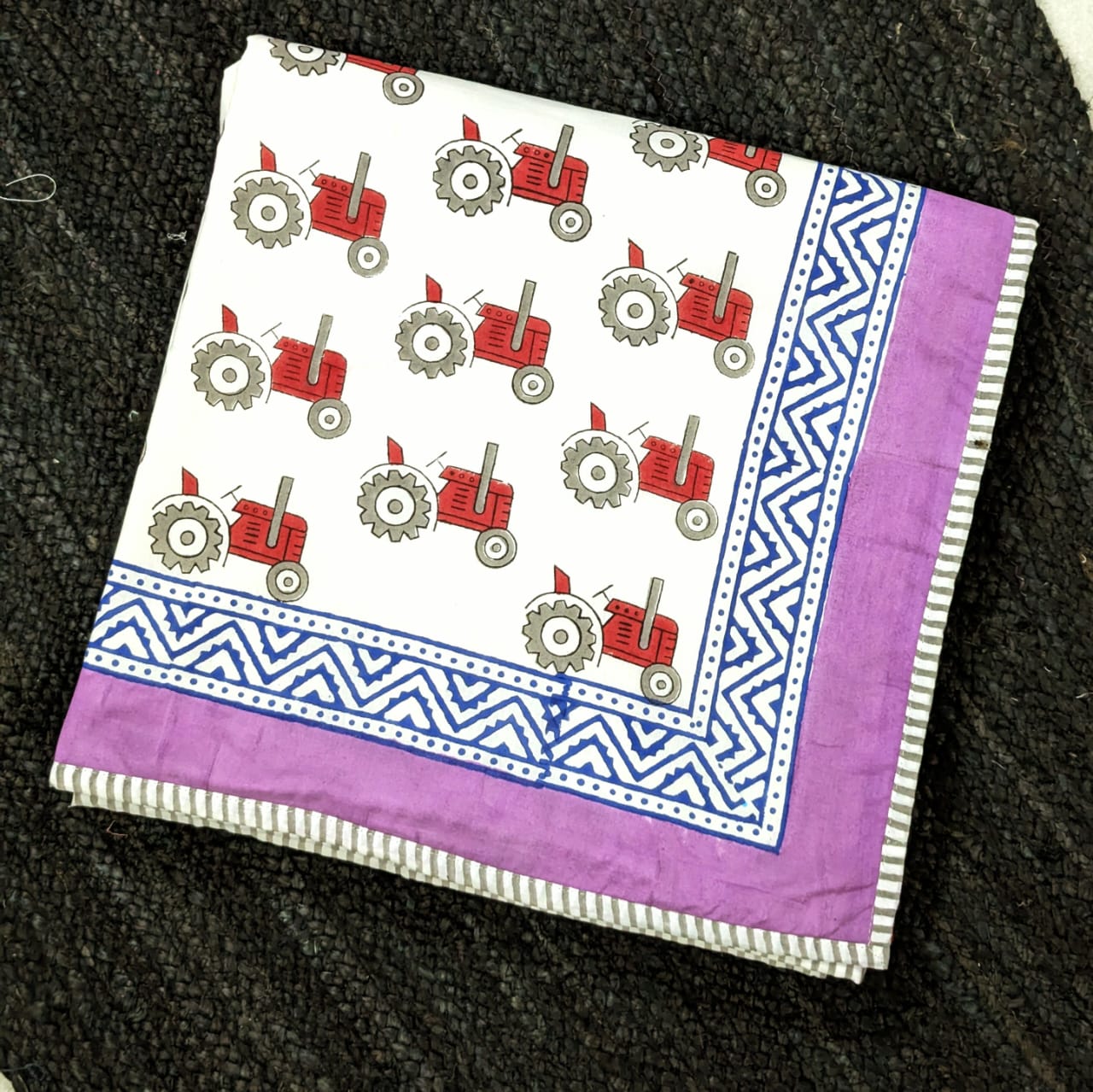 Trendy Tractor hand block printed Organic Cotton Dohar both side printed