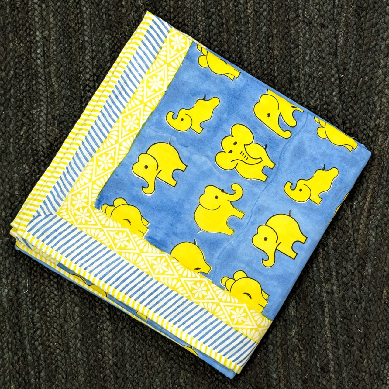 Yellow Blue Appu hand block printed Organic Cotton Dohar both side printed