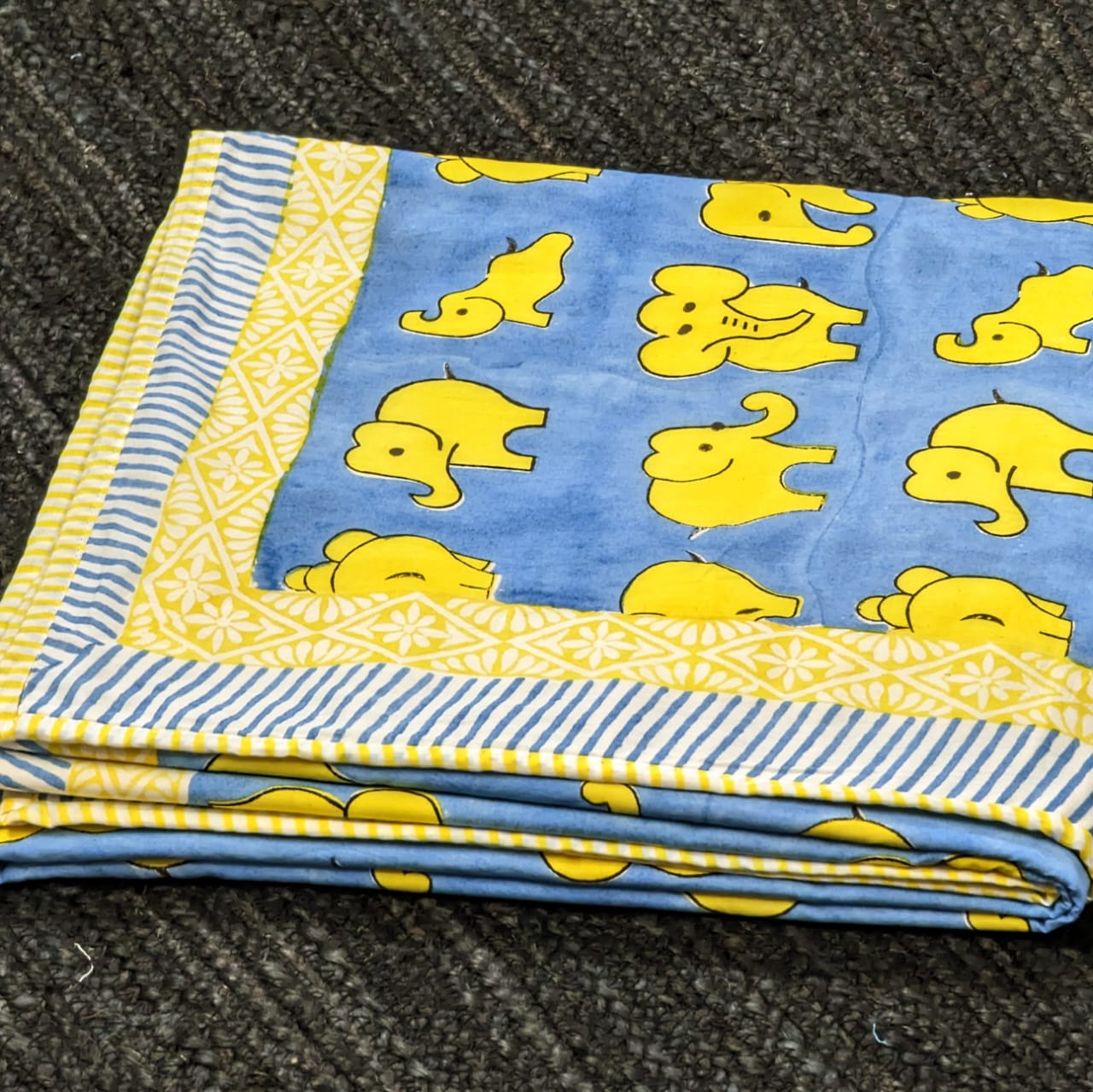 Yellow Blue Appu hand block printed Organic Cotton Dohar both side printed