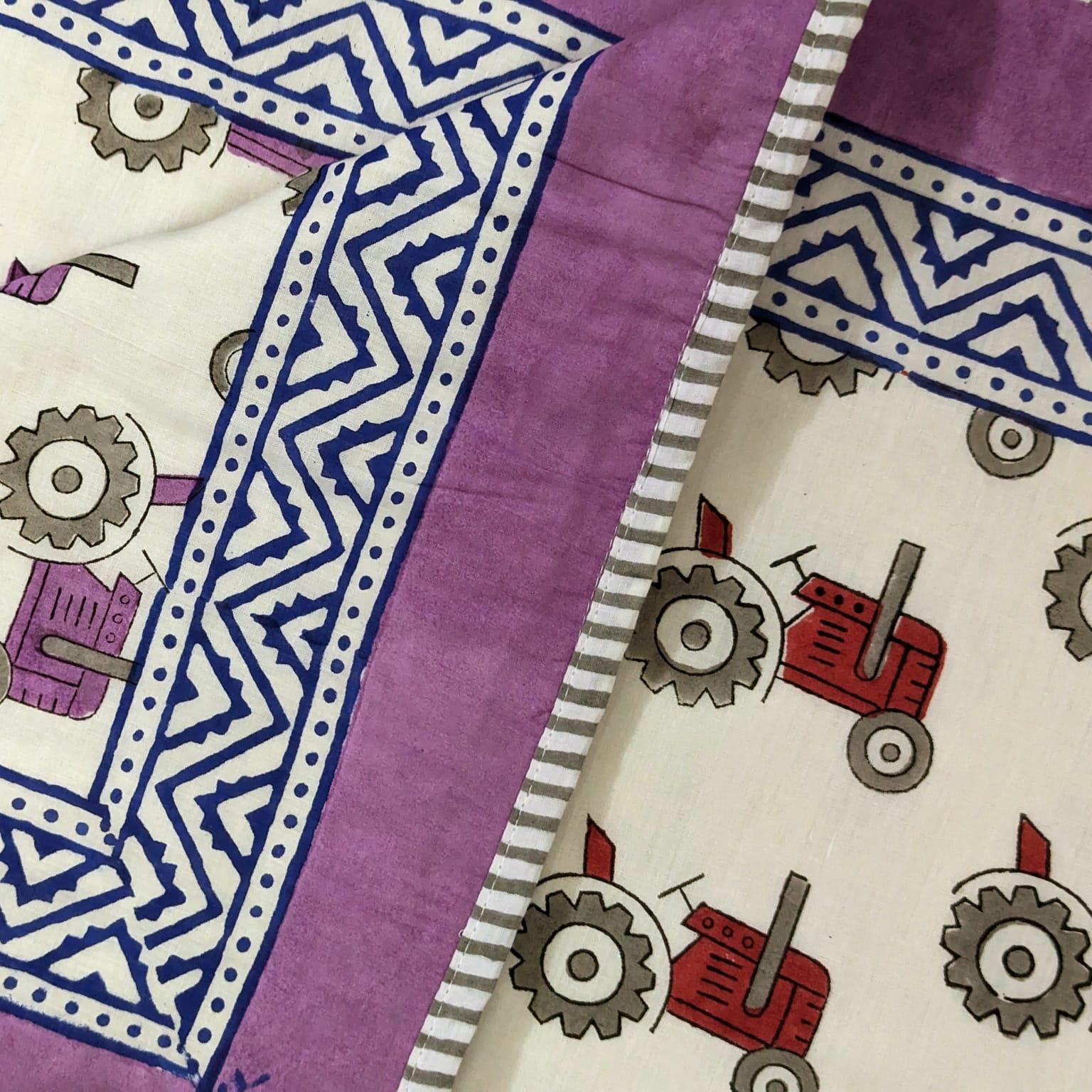 Trendy Tractor hand block printed Organic Cotton Dohar both side printed