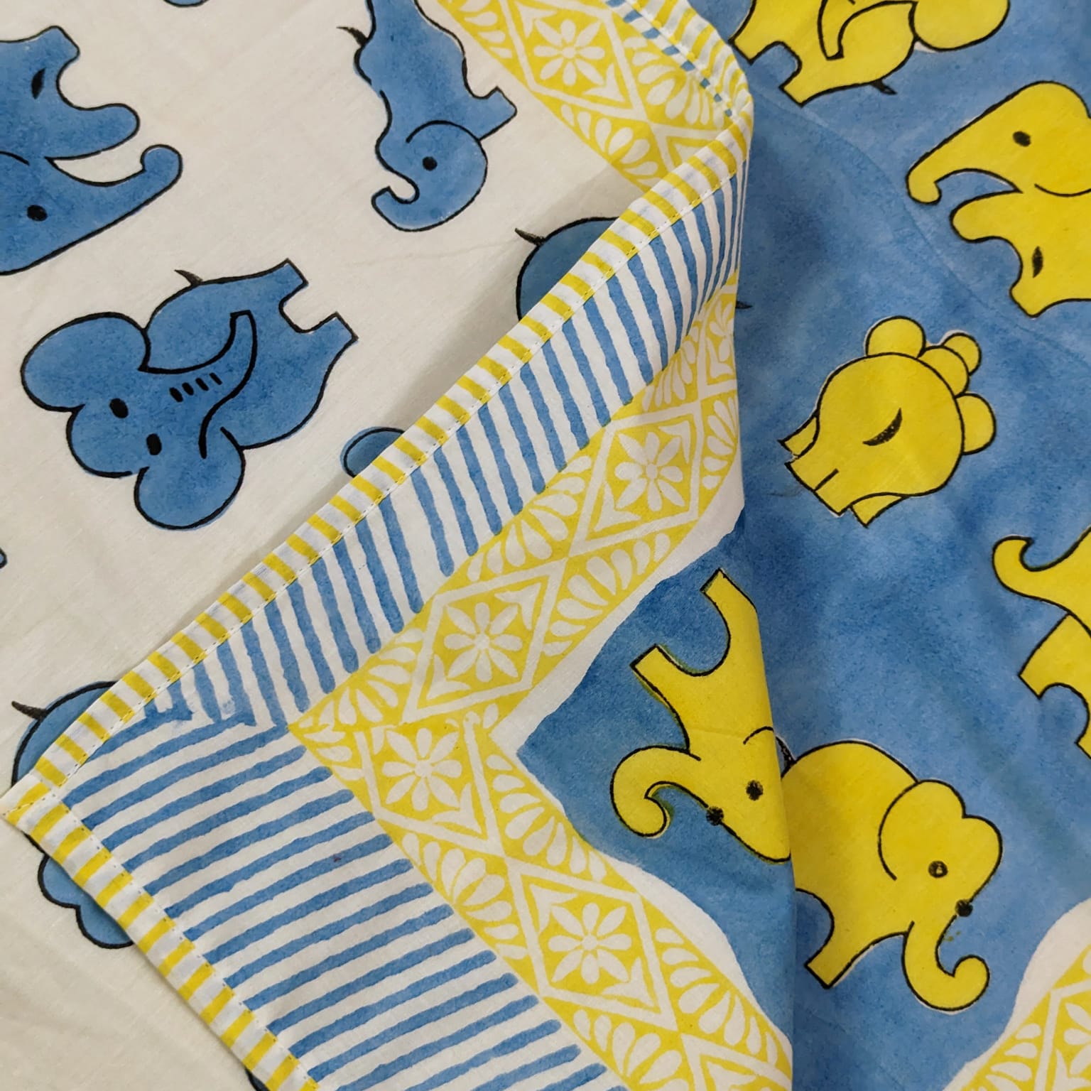 Yellow Blue Appu hand block printed Organic Cotton Dohar both side printed