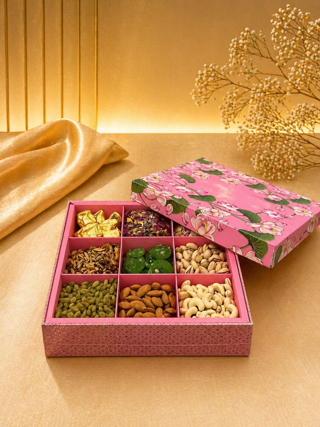 PINK BOX PISTAKAJUBADAMAFGAHN KISHMISHTRAIL MIXKIWIKESAAR LADUSUGAR FREE DRYFRUIT CHIKKIALMOND BRITTLE CHOCOLTE