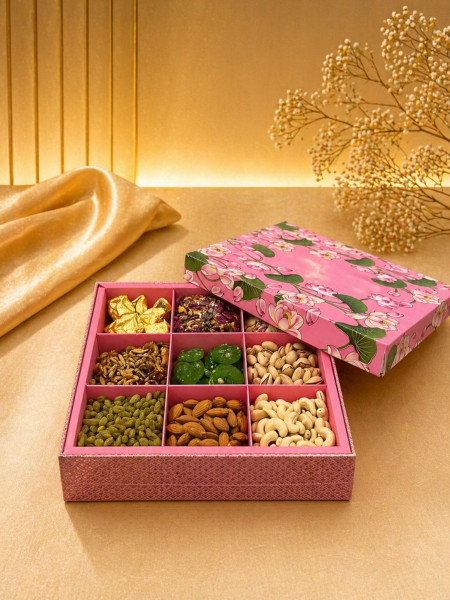 Image of PINK BOX (PISTA,KAJU,BADAM,AFGAHN KISHMISH,TRAIL MIX,KIWI,KESAAR LADU,SUGAR FREE DRYFRUIT CHIKKI,ALMOND BRITTLE CHOCOLTE)