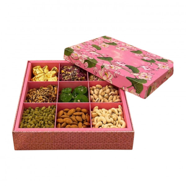 Image of PINK BOX (PISTA,KAJU,BADAM,AFGAHN KISHMISH,TRAIL MIX,KIWI,KESAAR LADU,SUGAR FREE DRYFRUIT CHIKKI,ALMOND BRITTLE CHOCOLTE)