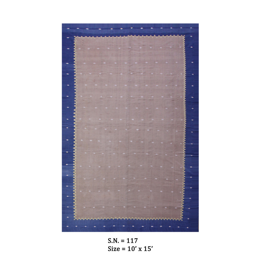Blush Field with Indigo Border  Vintage Flatwoven Dhurrie