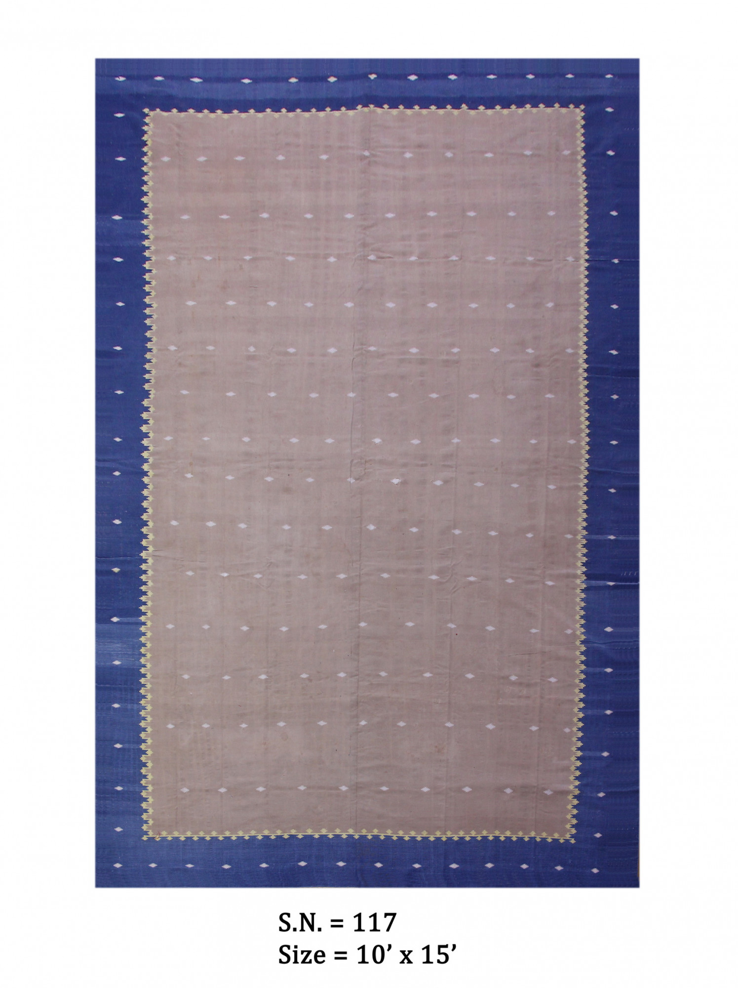Blush Field with Indigo Border  Vintage Flatwoven Dhurrie