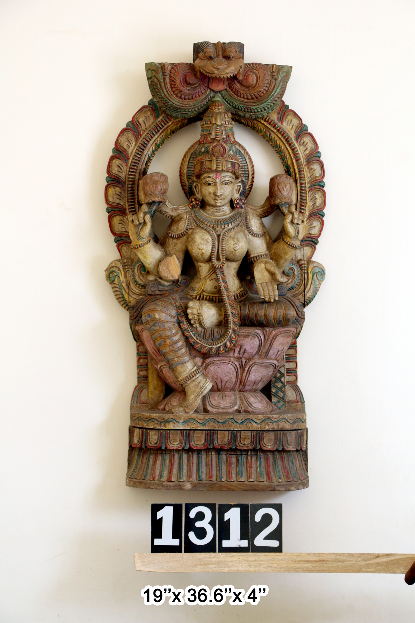 Wooden Goddess Lakshmi Statue Seated on Louts Throne