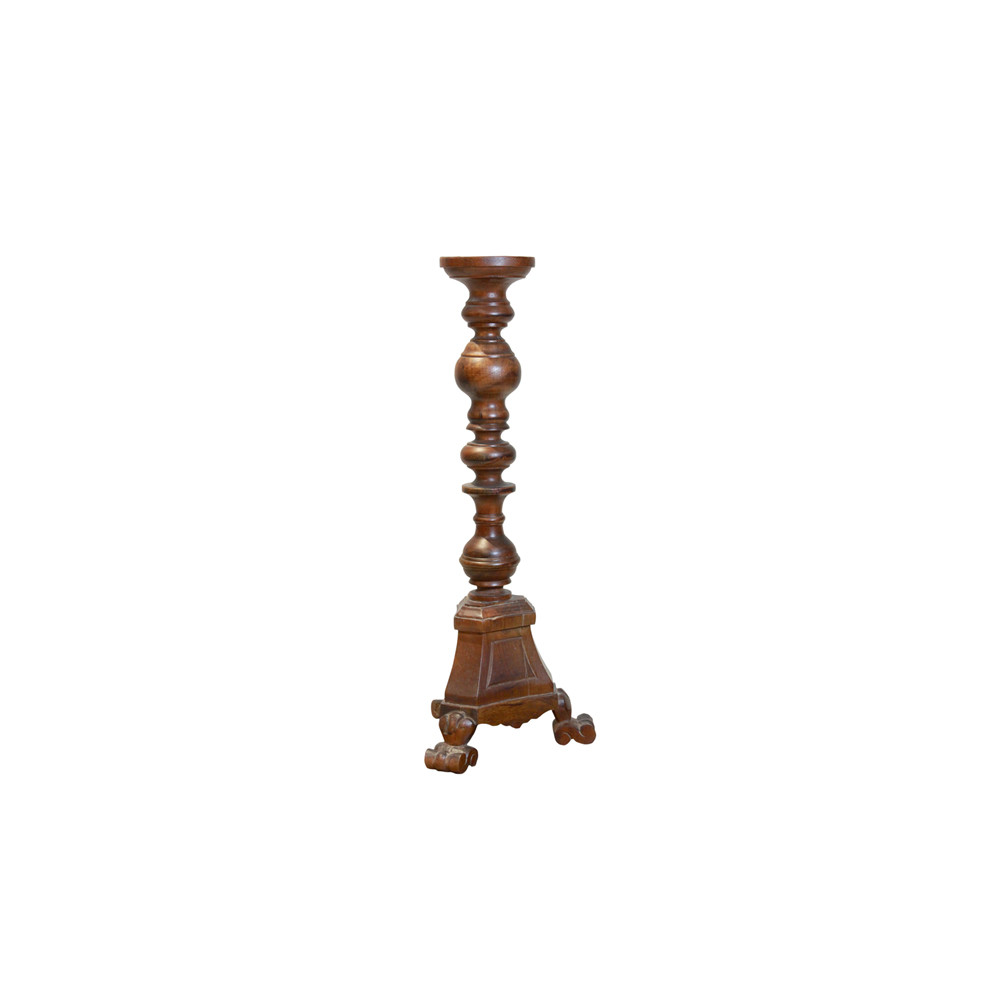 Image of Hand-Carved Wooden Pedestal Candle Stand