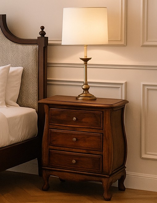 Compact French three drawer bedside table