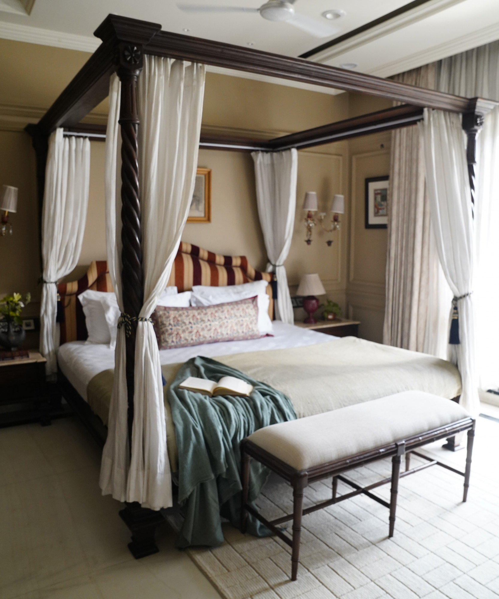 Maharaja Canopy Bed with Striped Upholstered Headboard