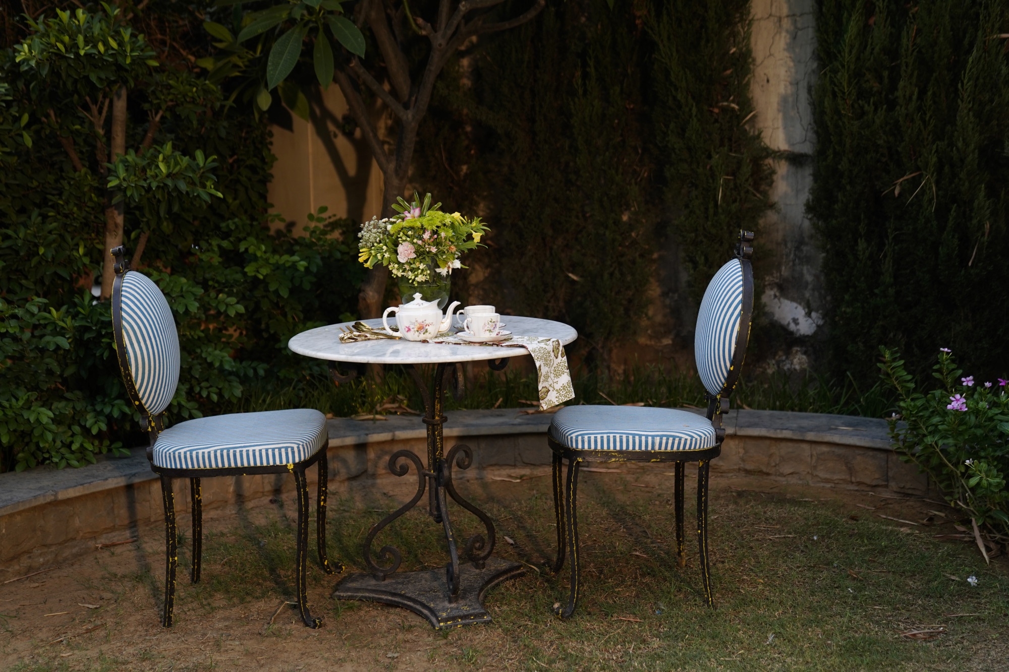 Marble Bistro Table with Wrought Iron Base