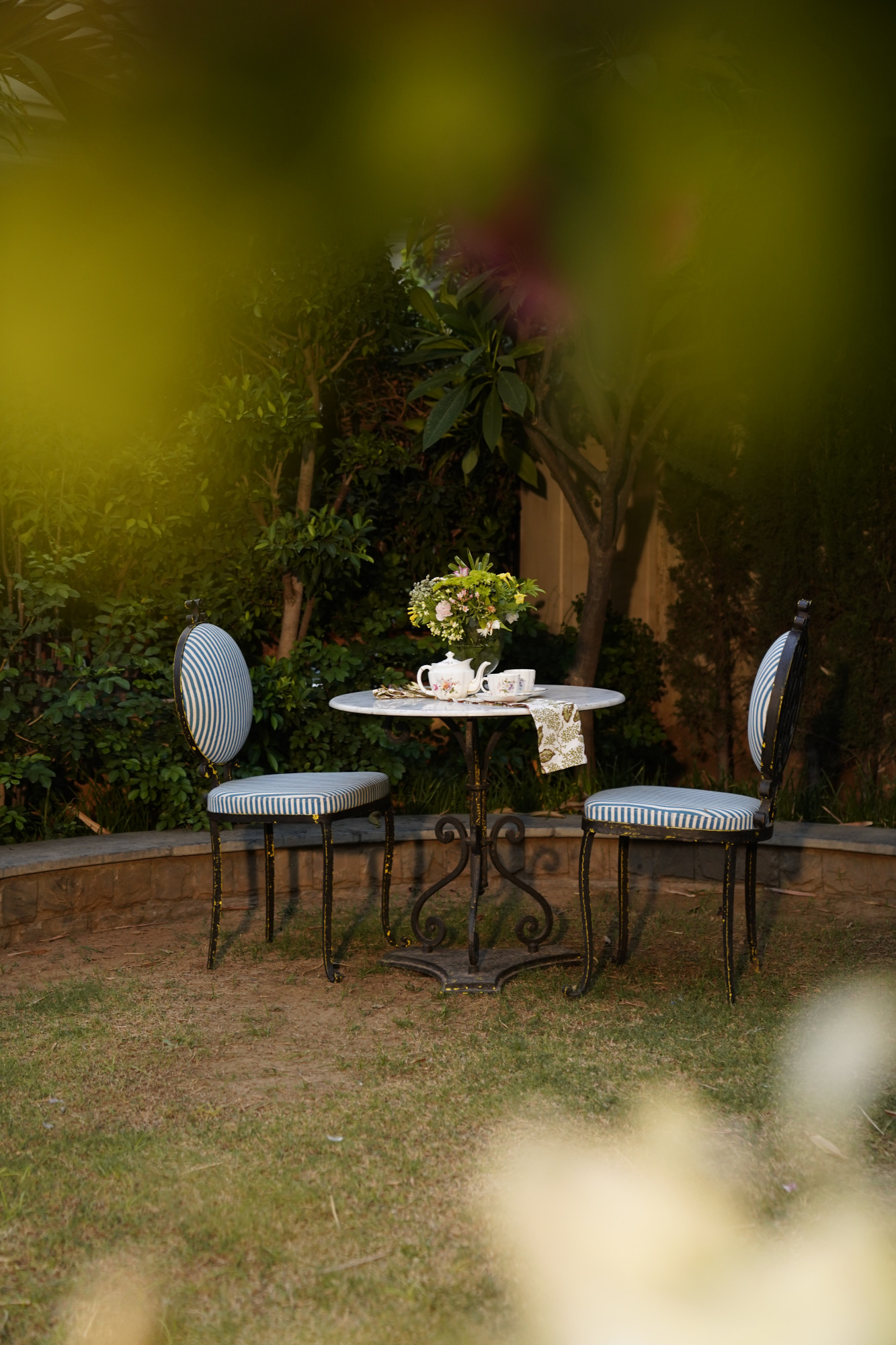Blue and white iron chair