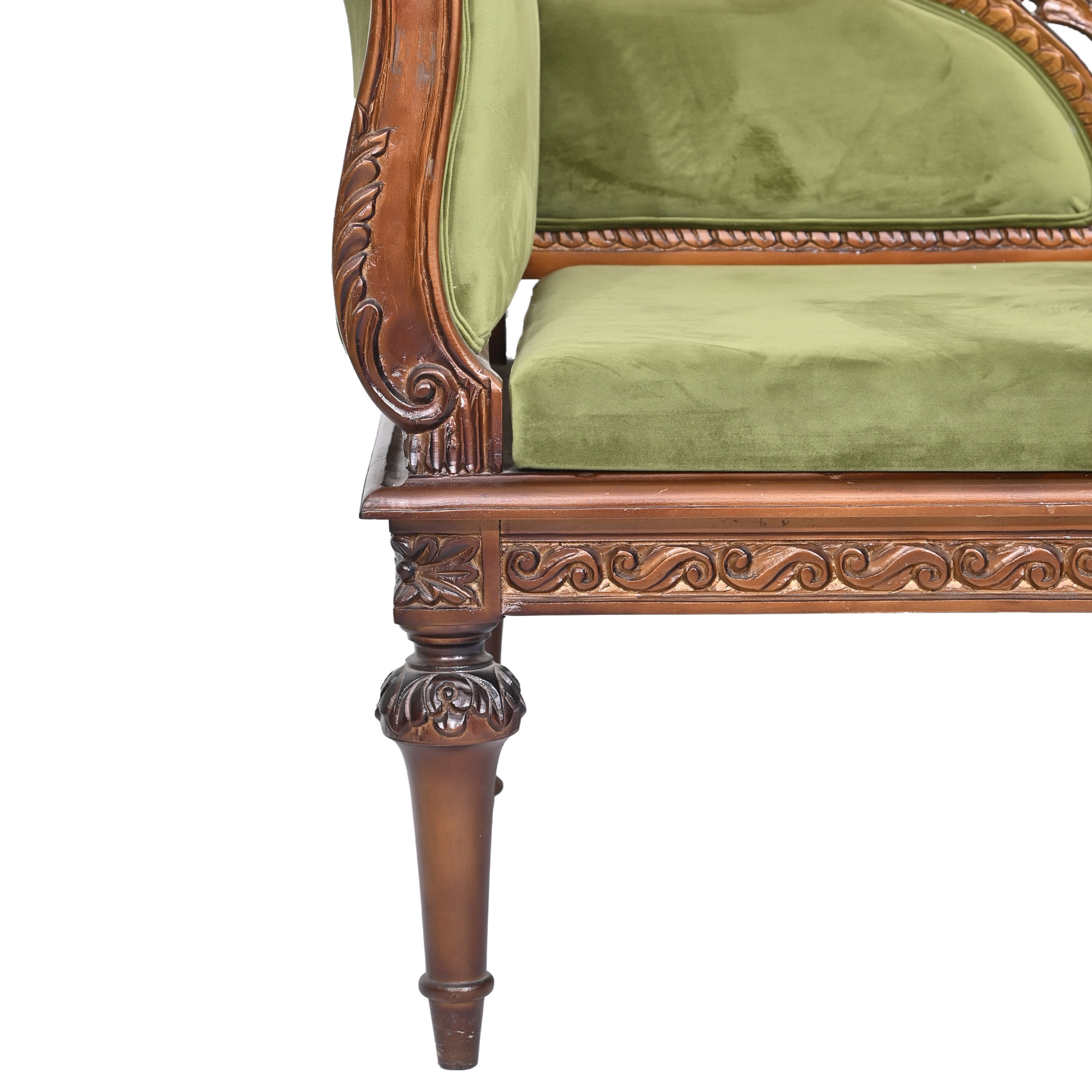 Carved Settee in Olive Velvet