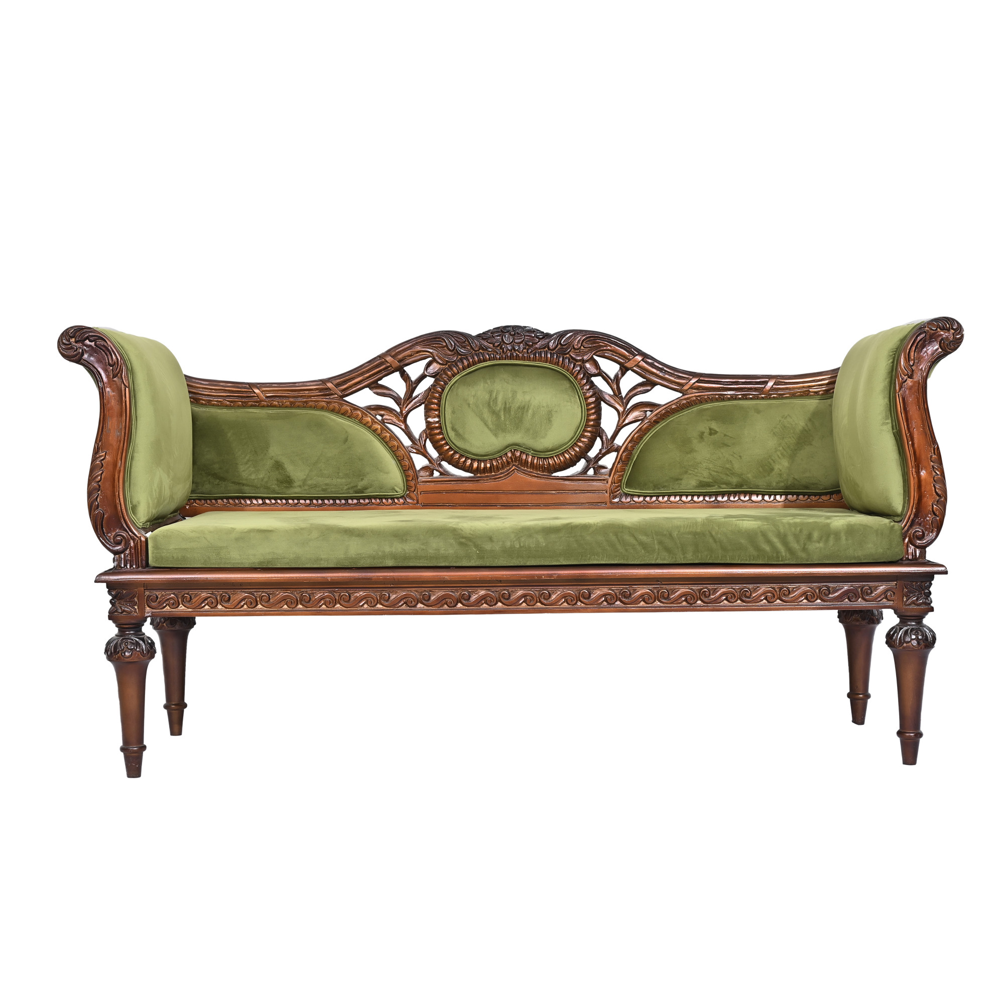 Carved Settee in Olive Velvet