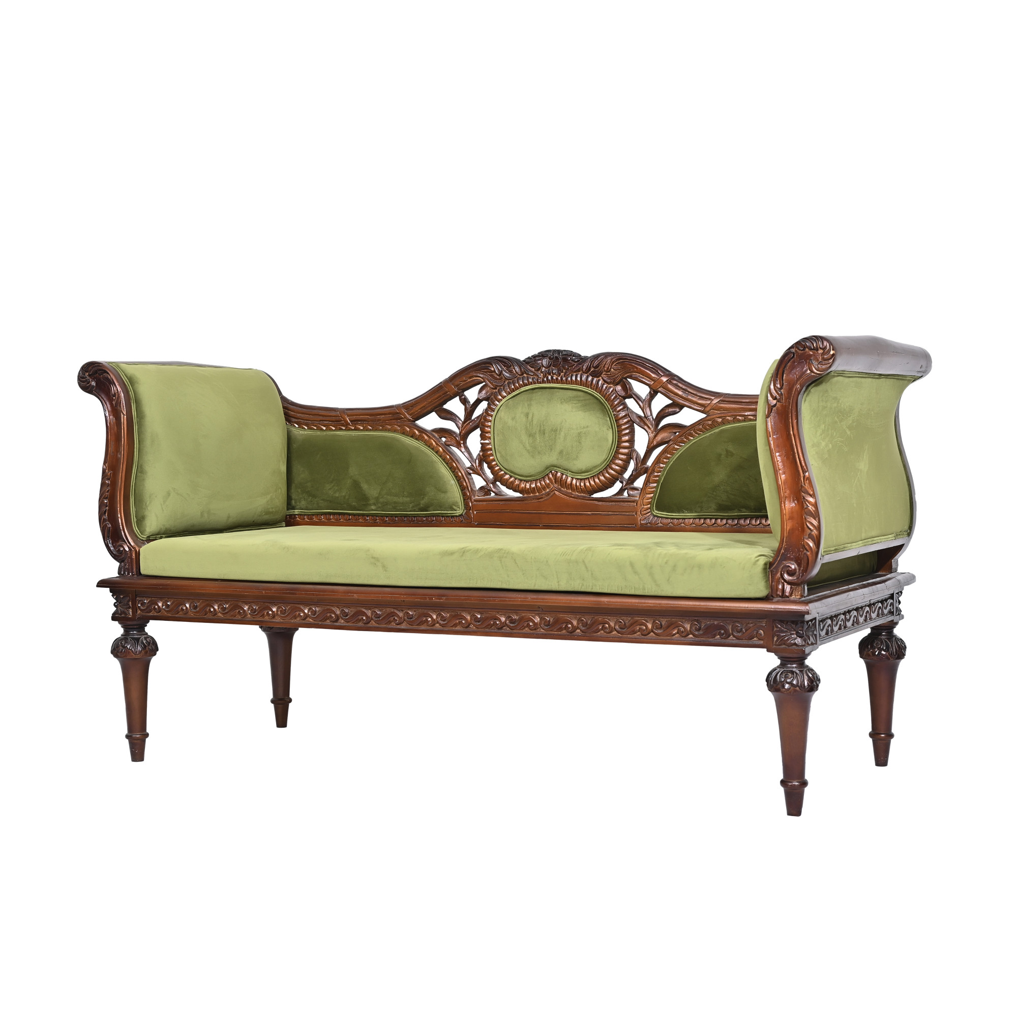 Carved Settee in Olive Velvet