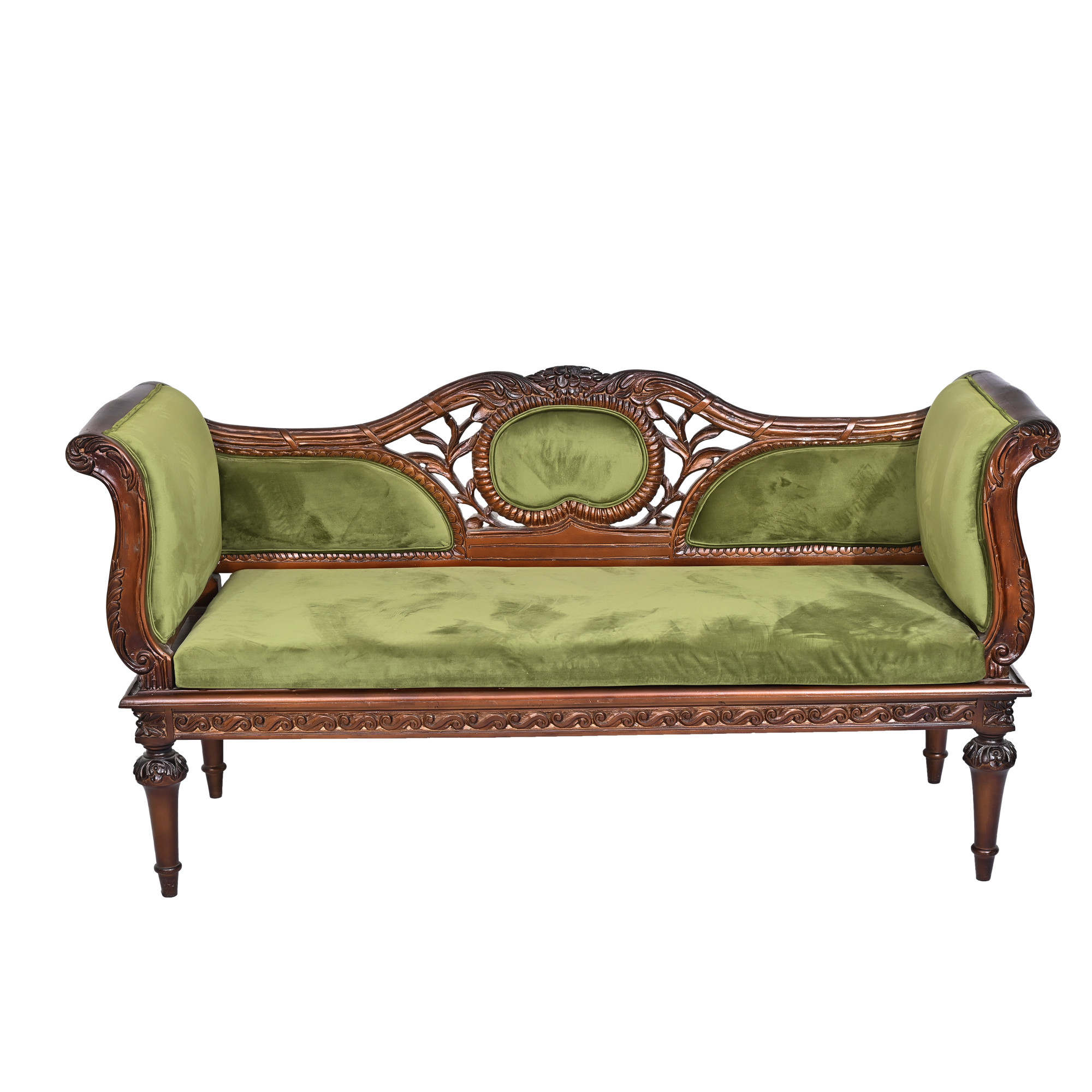 Carved Settee in Olive Velvet