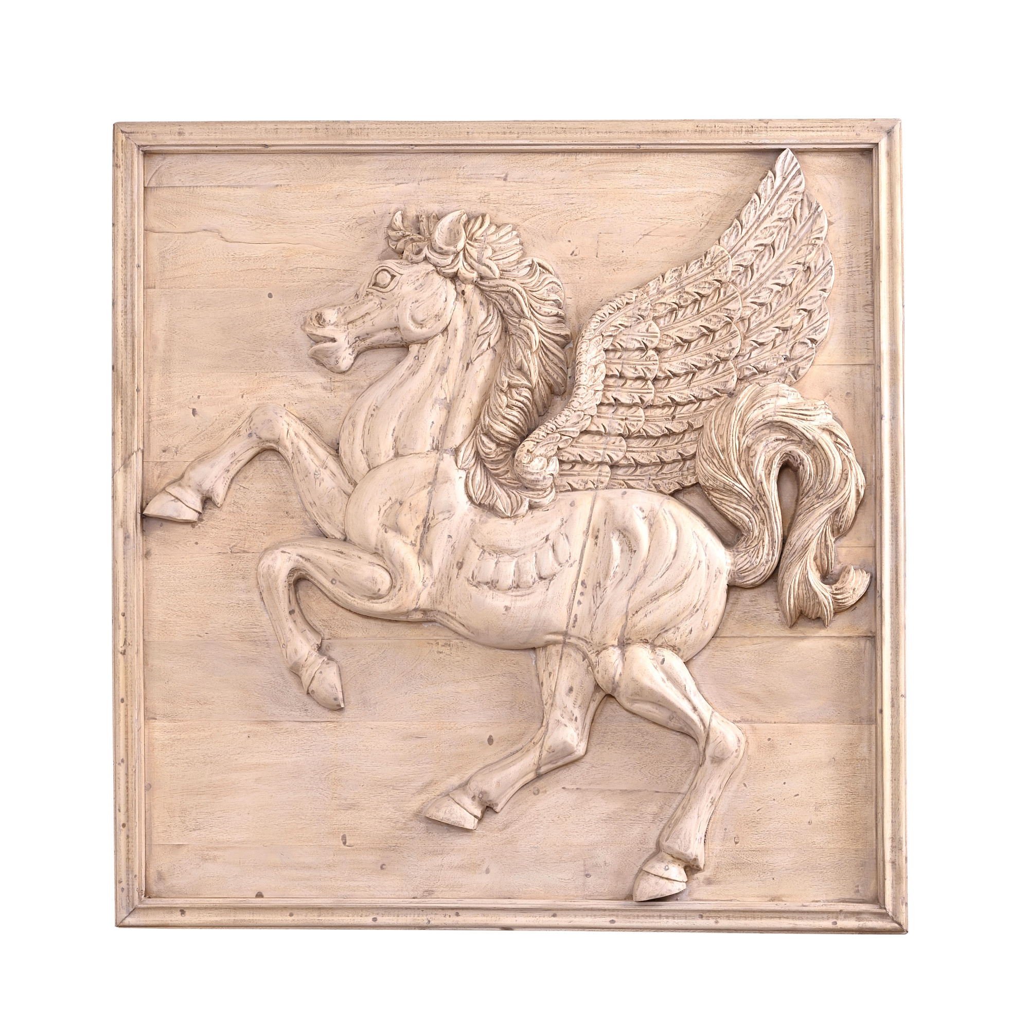 hand-carved wooden horse mural