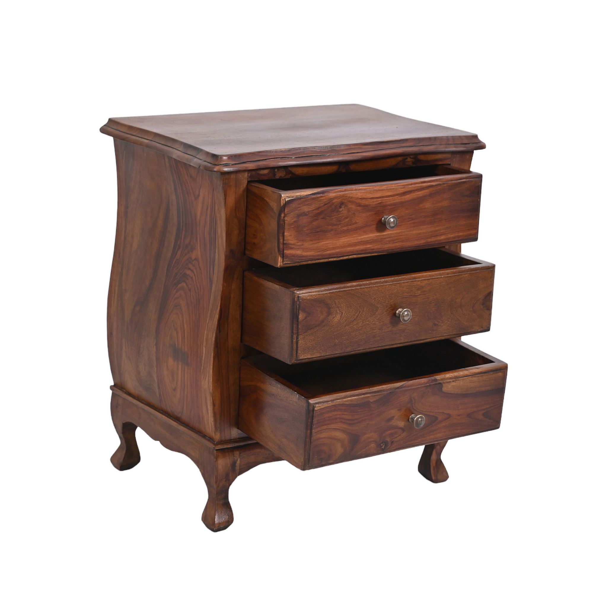 Compact French three drawer bedside table