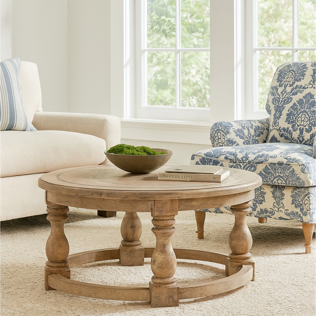 Antique oak finish circular Carved Coffee Table