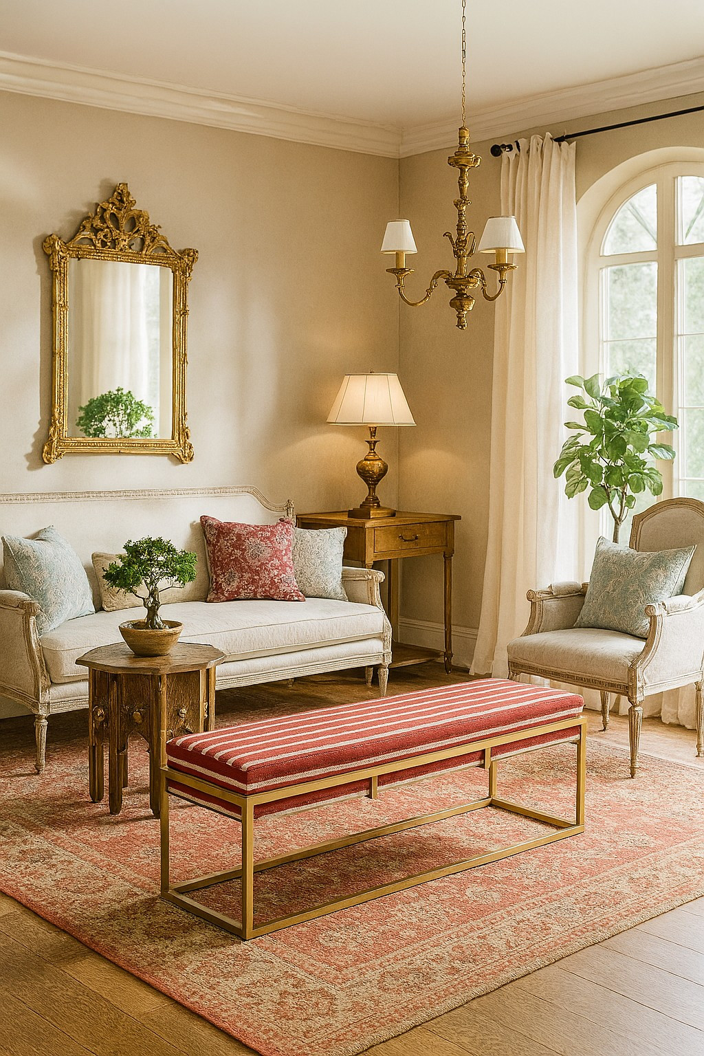 Red kilim gold bench
