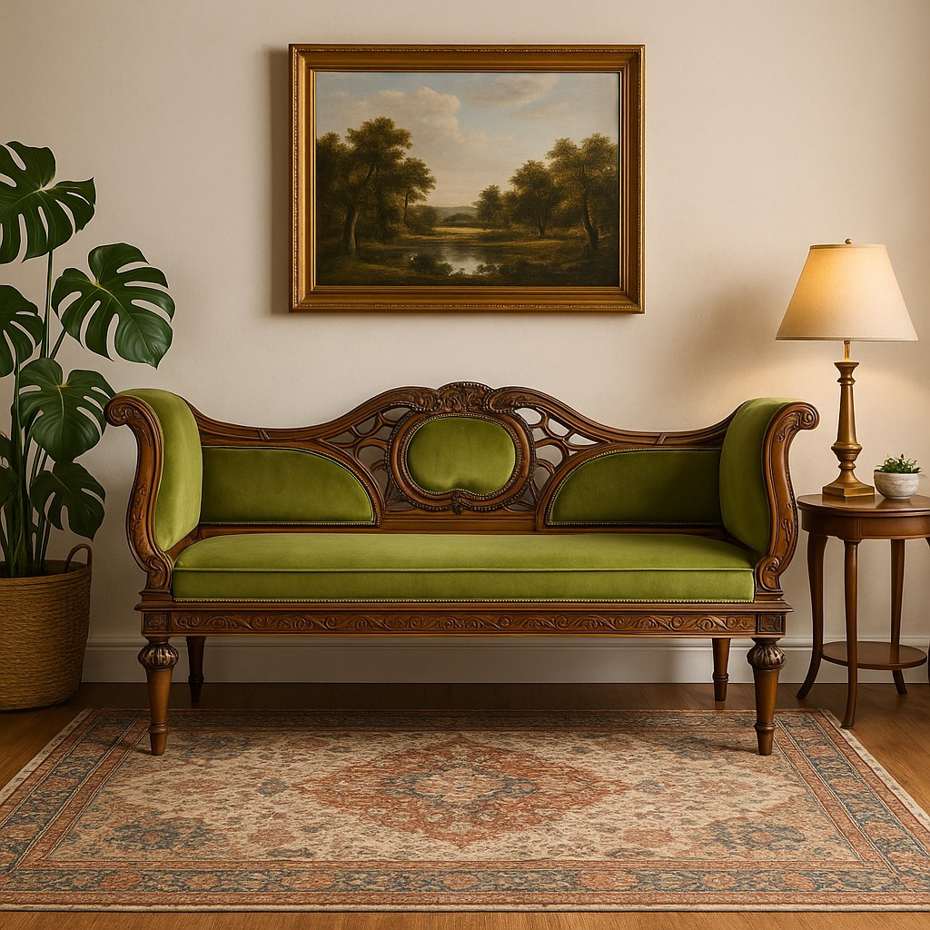 Carved Settee in Olive Velvet