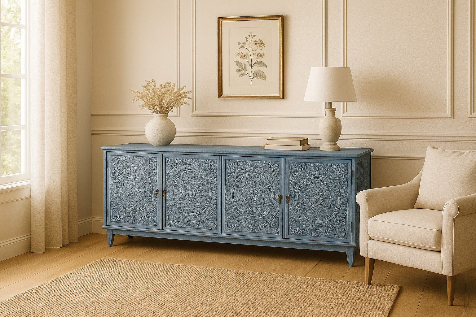 Dreamy long sideboard- distress blue