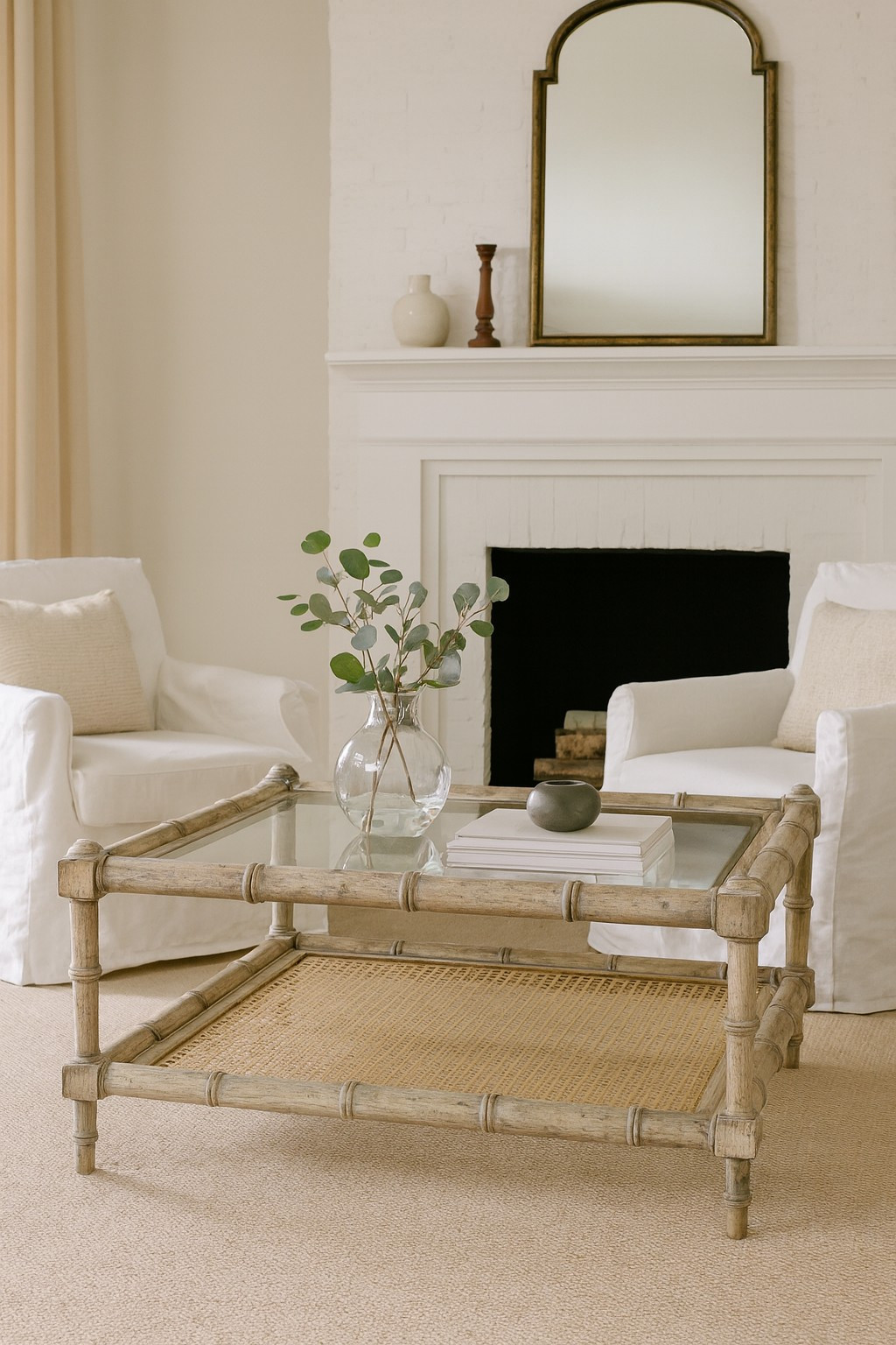 Glass Top canned faux bamboo Coffee Table