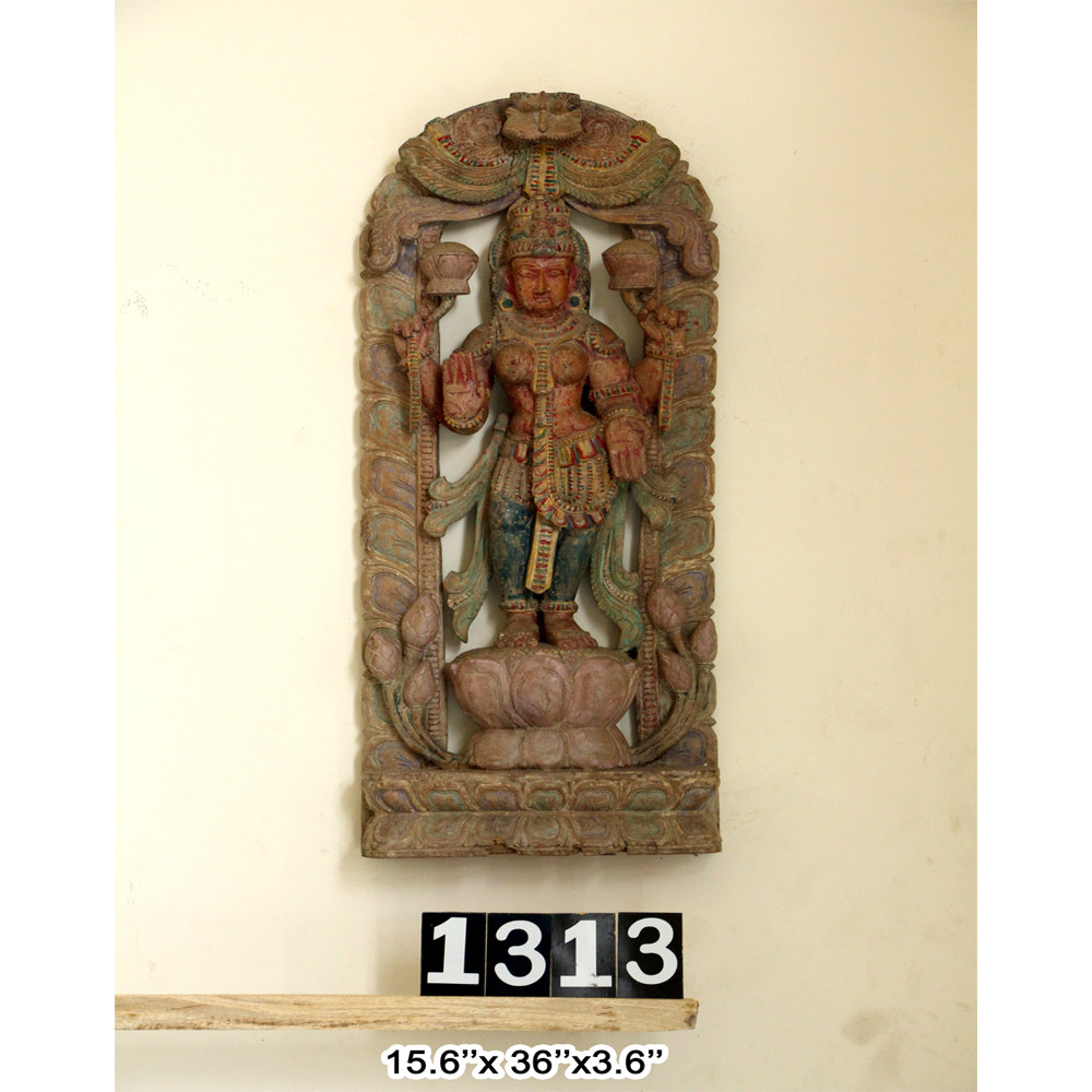 Wooden Standing Goddess Lakshmi with Kirtimukha