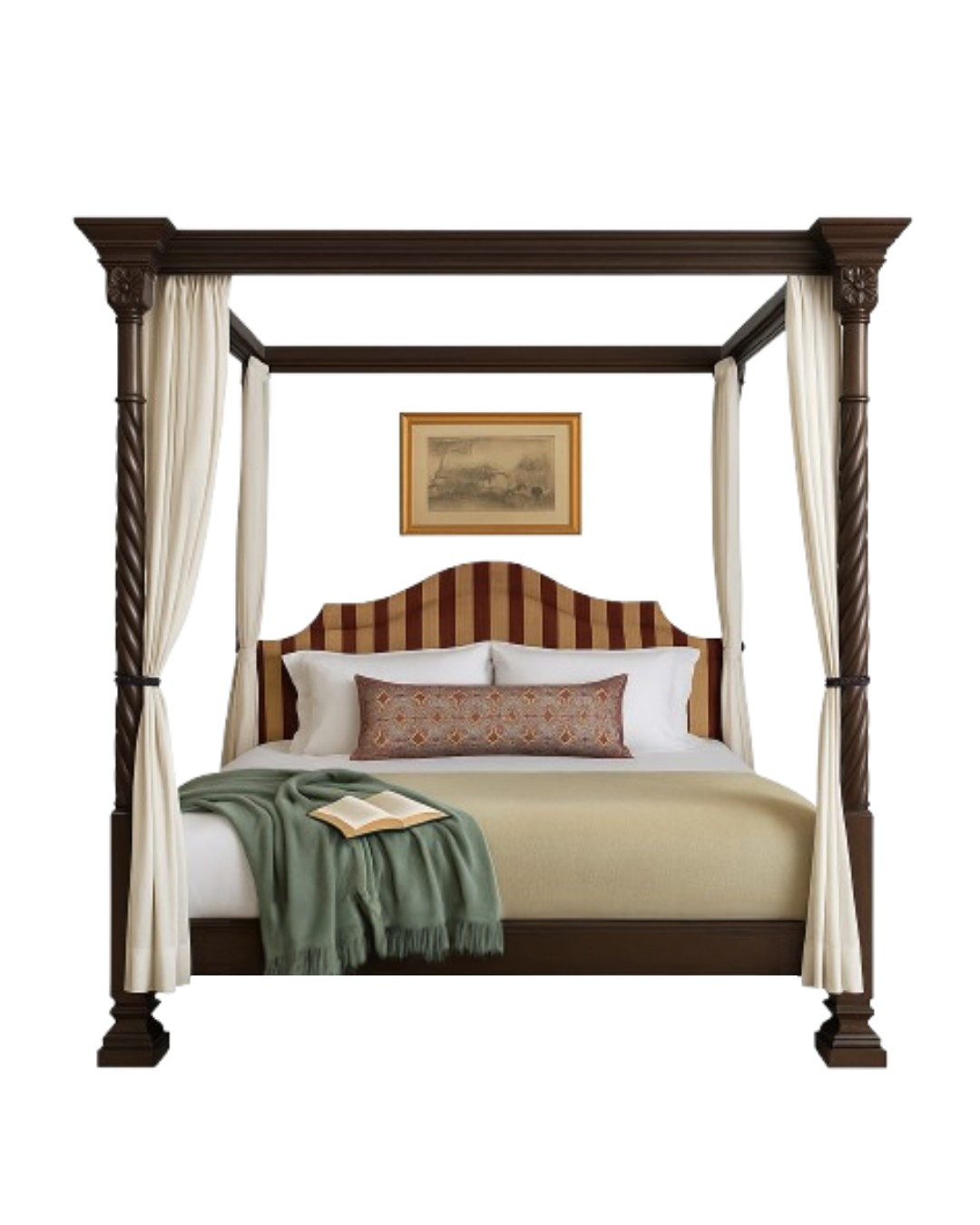 Maharaja Canopy Bed with Striped Upholstered Headboard