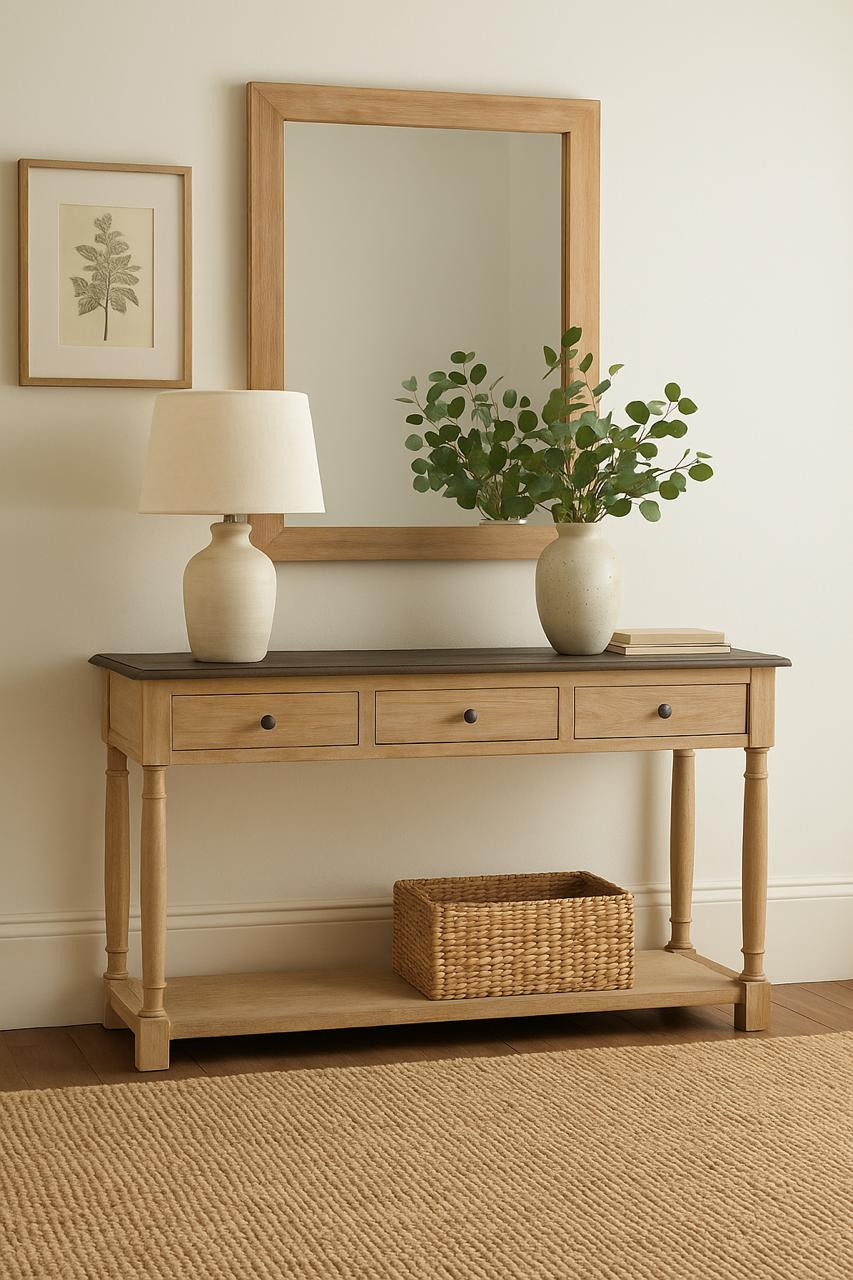 DH three drawer distressed console table