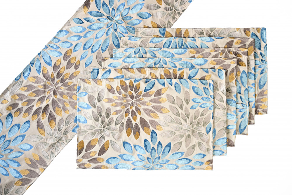 Image of AZURE BLOOM EMBROIDERED TABLE LINEN SET