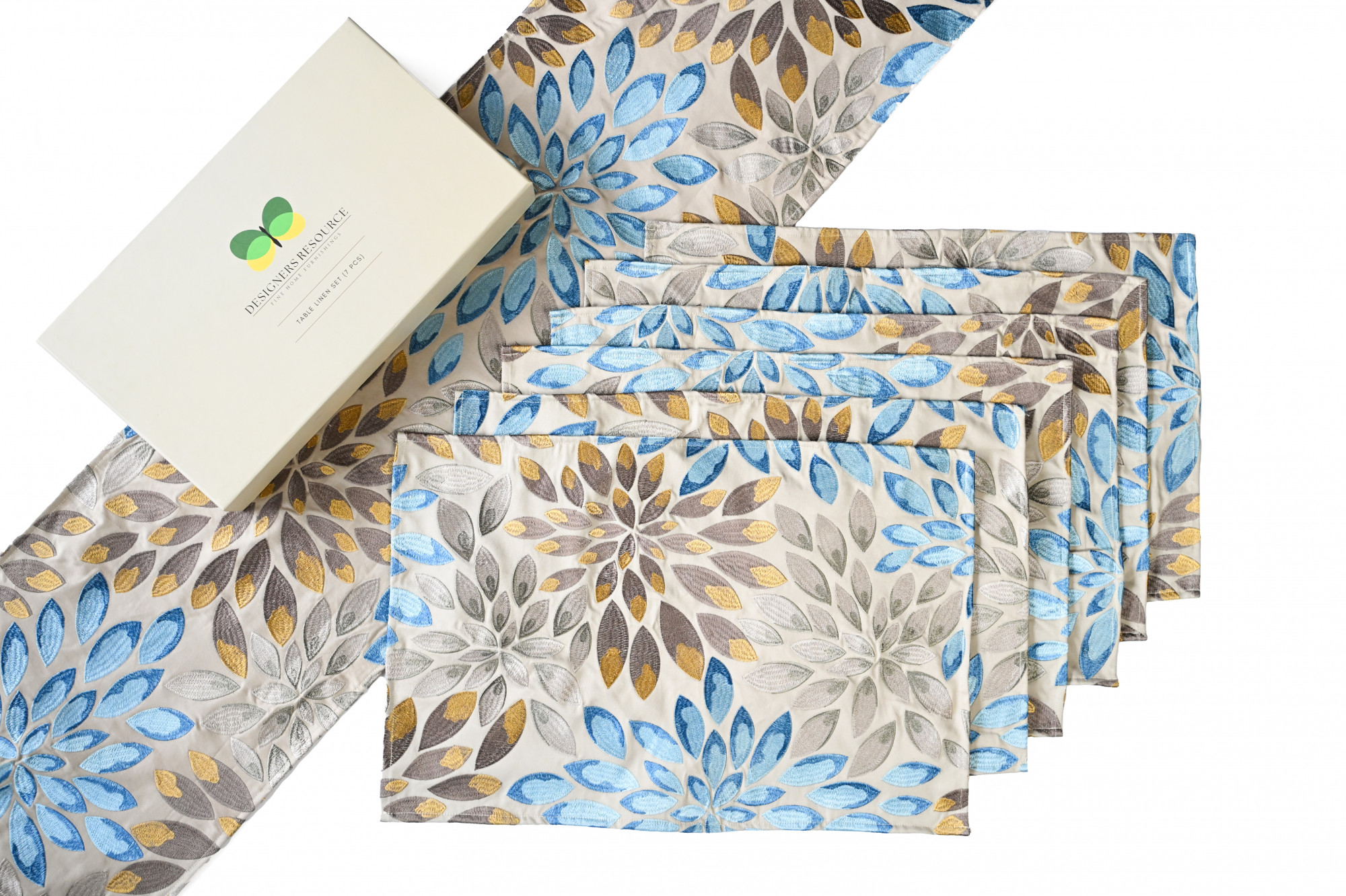 AZURE BLOOM EMBROIDERED TABLE LINEN SET