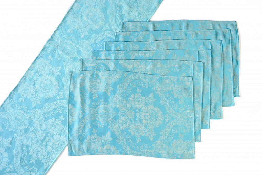 Image of AQUA DAMASK TABLE LINEN SET