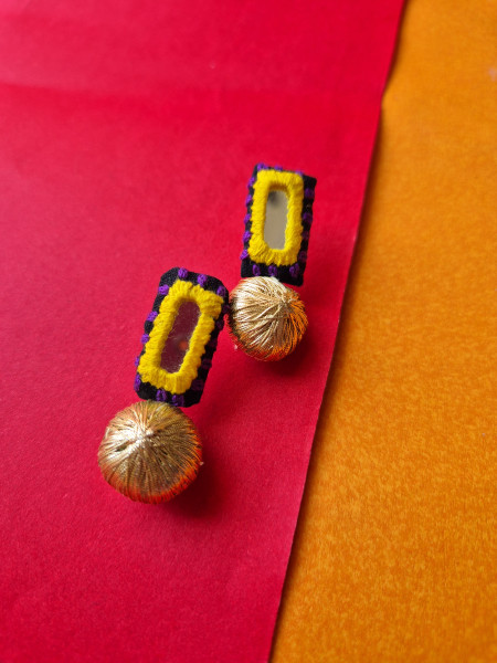Zari Ball Mirror Embroidered Tribal Earring With Yellow thread