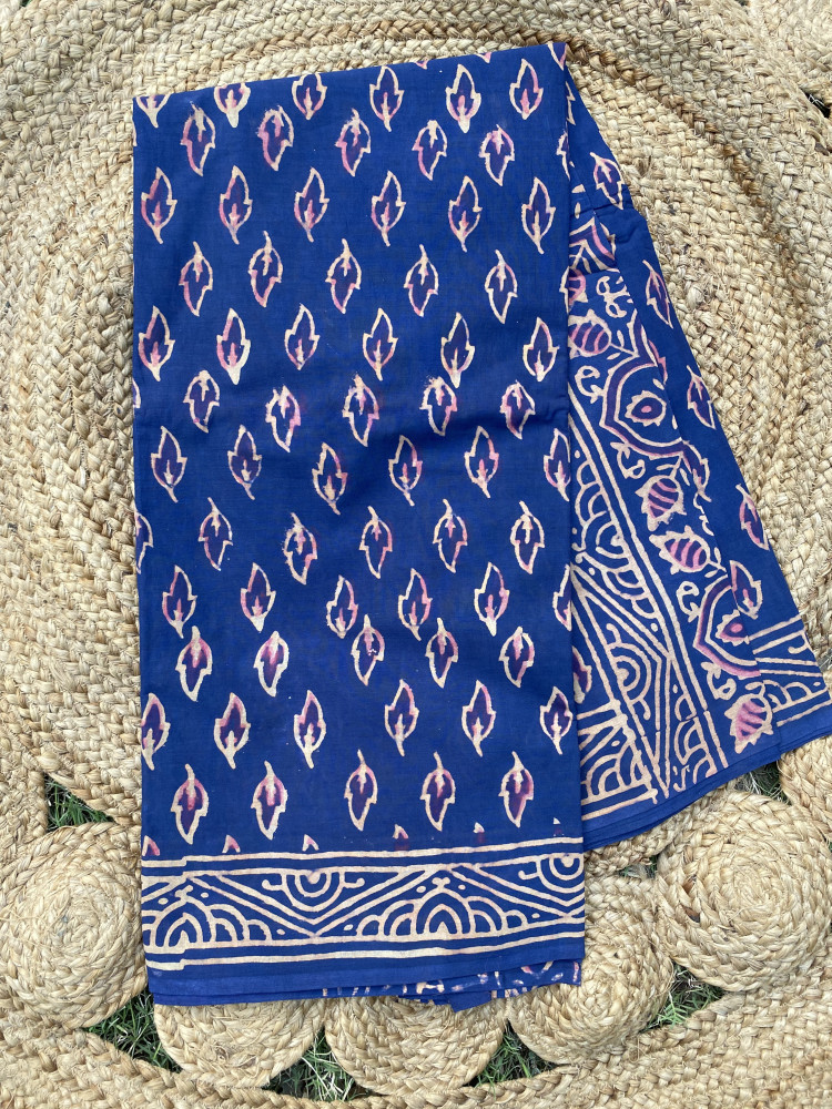 Image of Blue Handblock Printed Cotton Saree – Rajasthan Craft