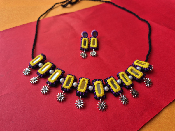 Mirror Embroidered Black Set – Yellow & Purple