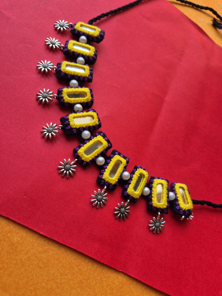 Mirror Embroidered Black Set – Yellow & Purple