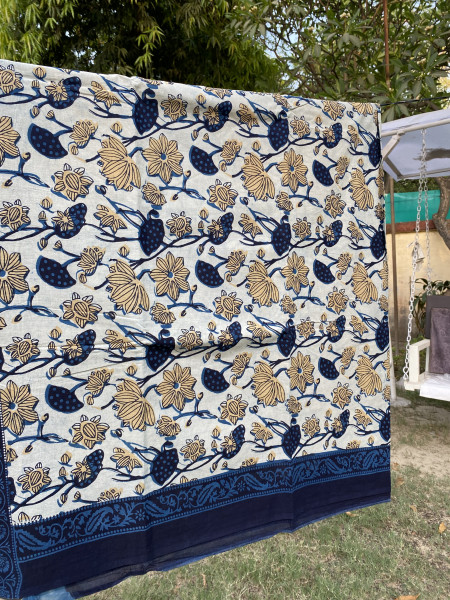 White Floral Cotton Handblock Print Saree