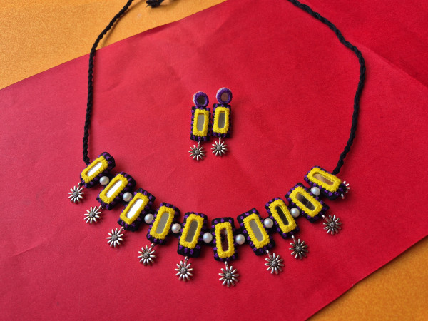 Mirror Embroidered Black Set – Yellow & Purple